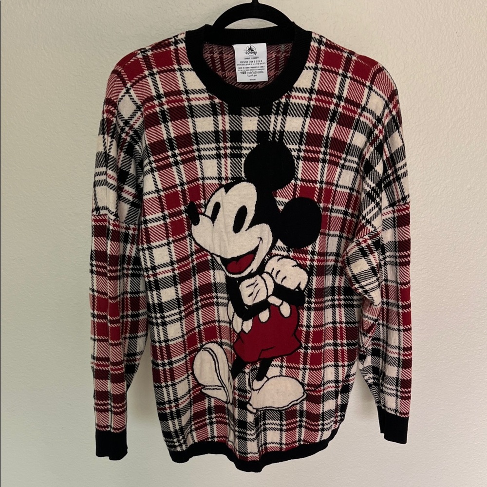 Disney Mickey Mouse Checkered Crewneck Sweater - Red, Black, and Cream